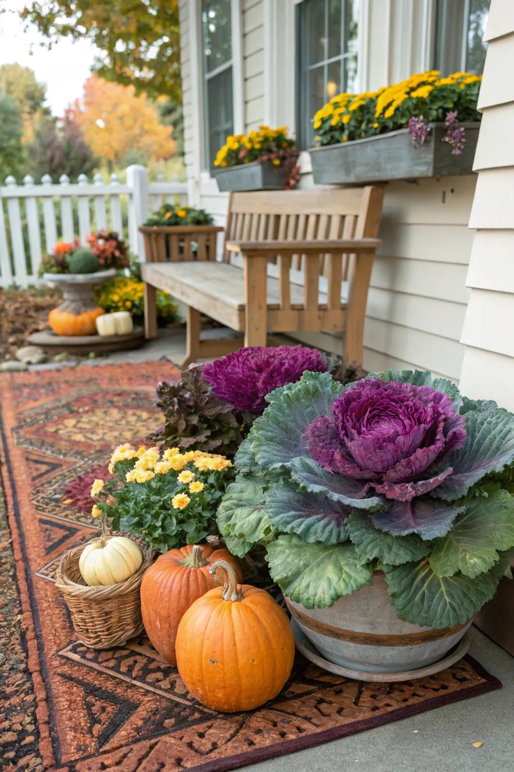 Ornamental cabbage adds unique texture and color.