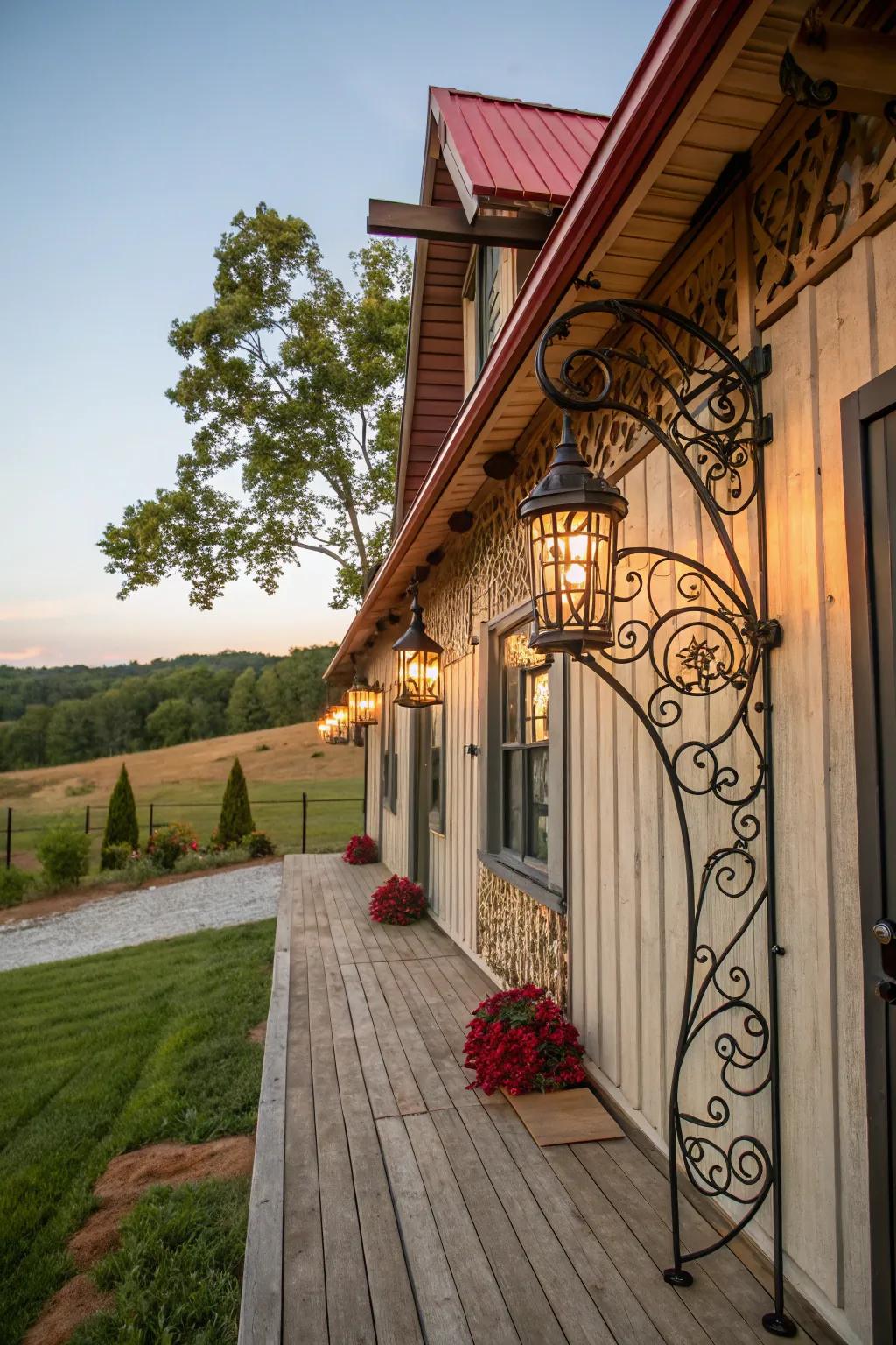 Artistic metalwork lights add character and elegance to this farmhouse exterior.