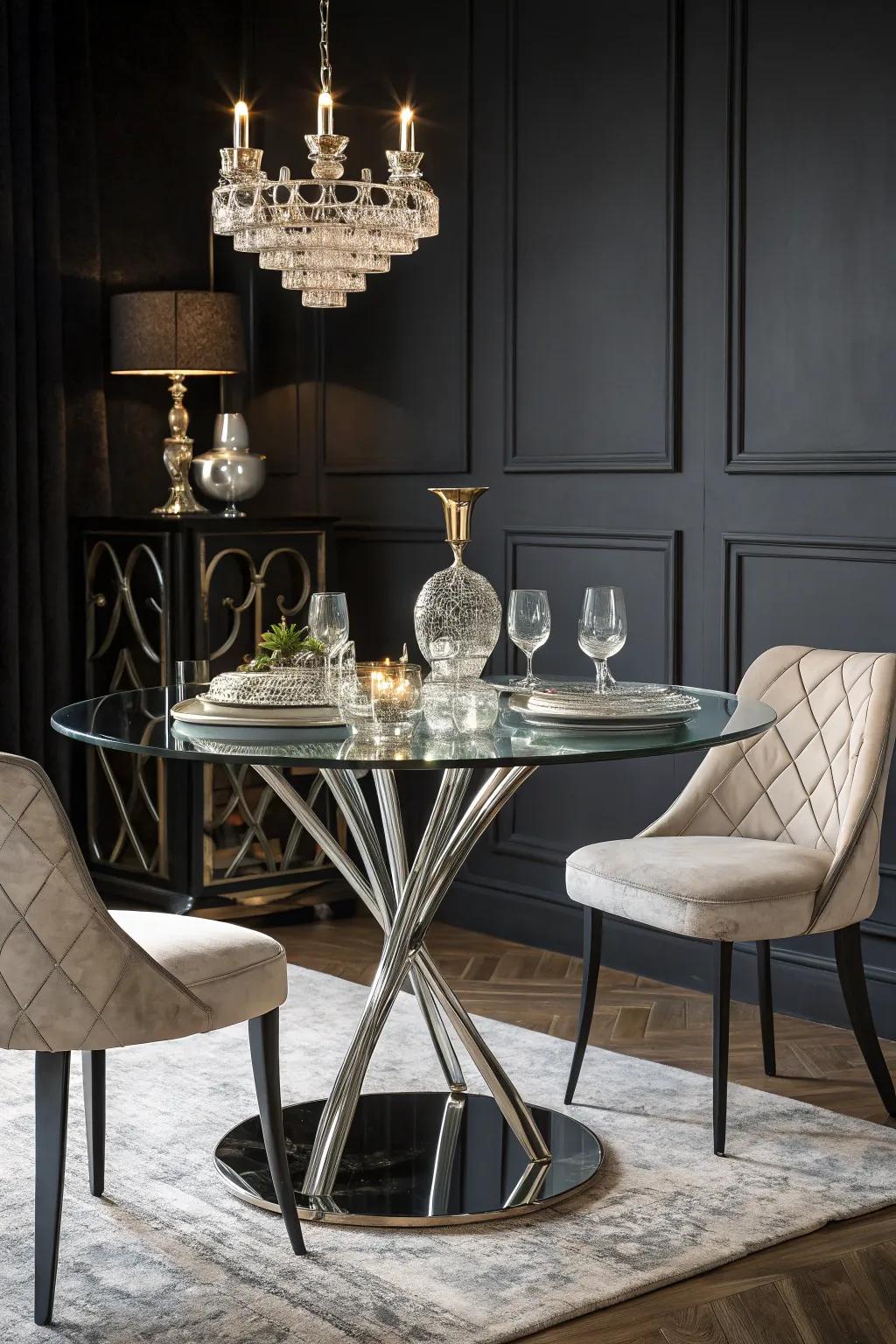 A dark backdrop creates a striking contrast that highlights a glass dining table.