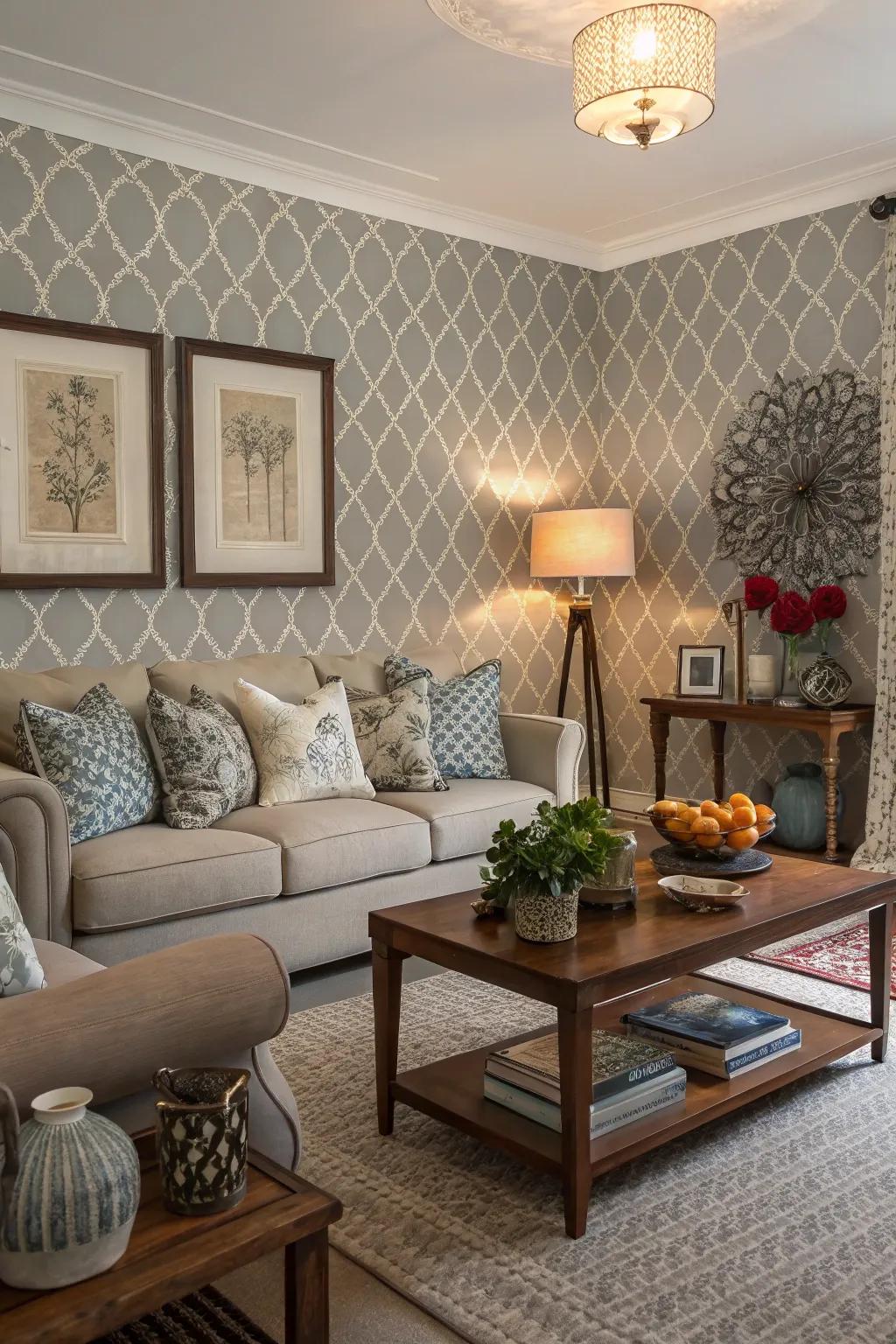 Gray patterns add a playful element to this living room.