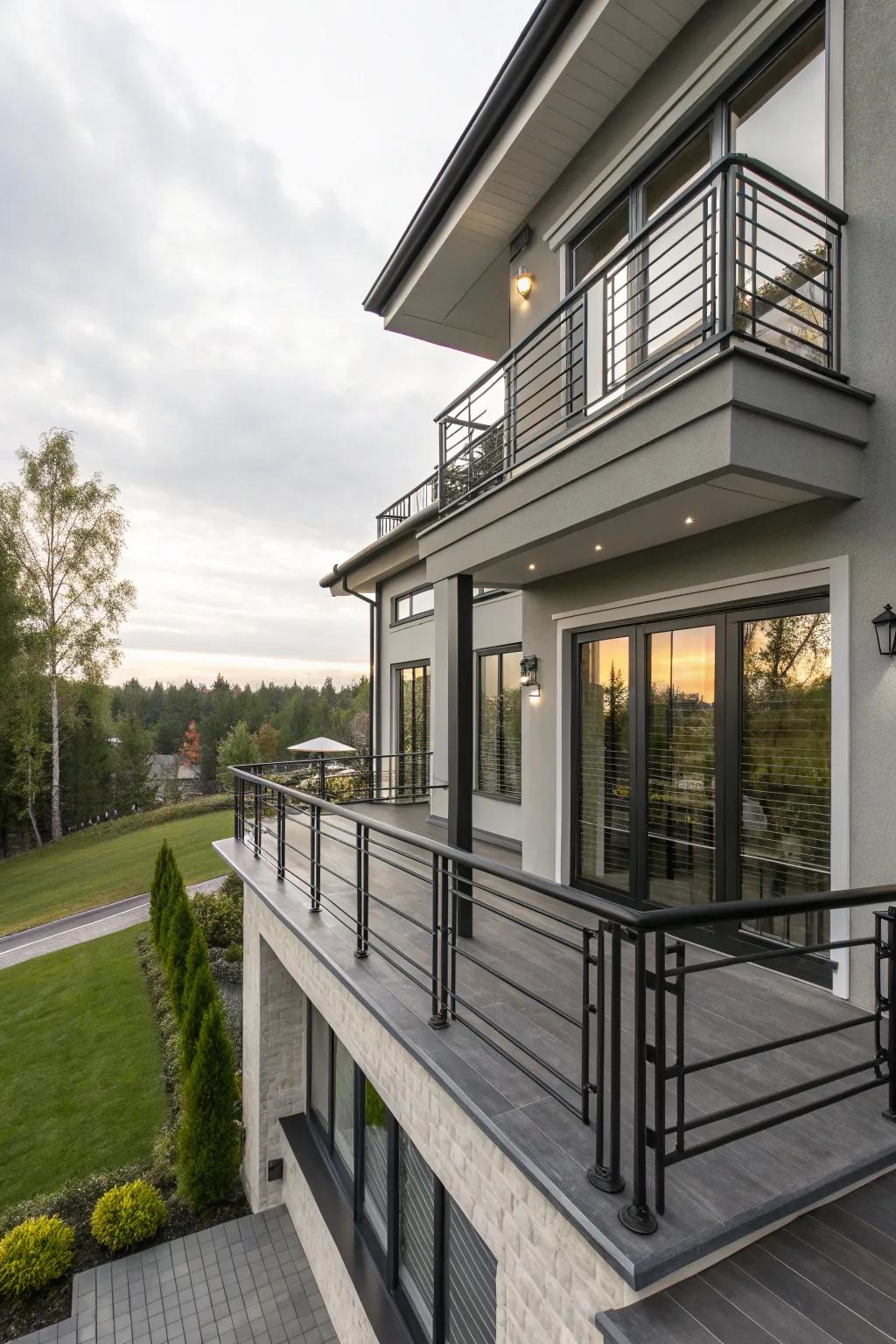 A modern grey house featuring stylish black railings, offering an elegant balcony view.