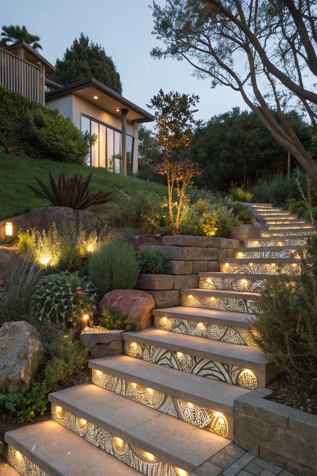 Patterned lights adding an artistic touch to outdoor steps.