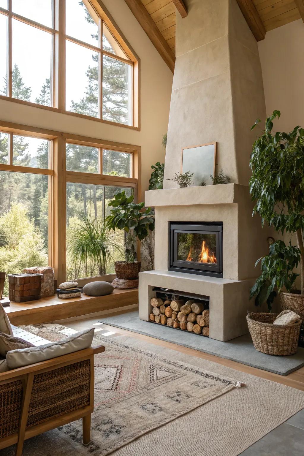 Eco-friendly materials in a plaster fireplace promote sustainable style.