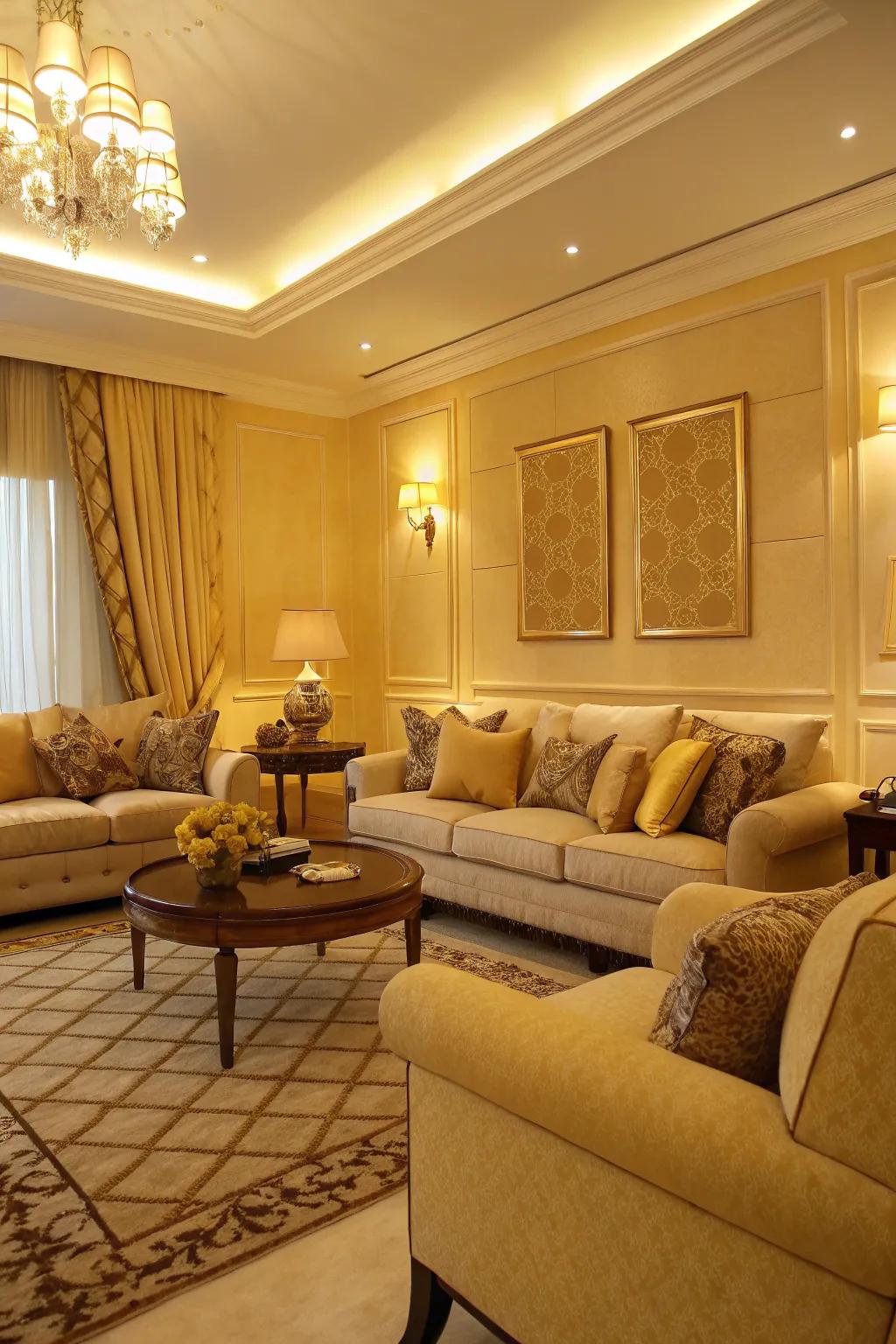 Layering soft golden yellows adds warmth and depth to the living room.