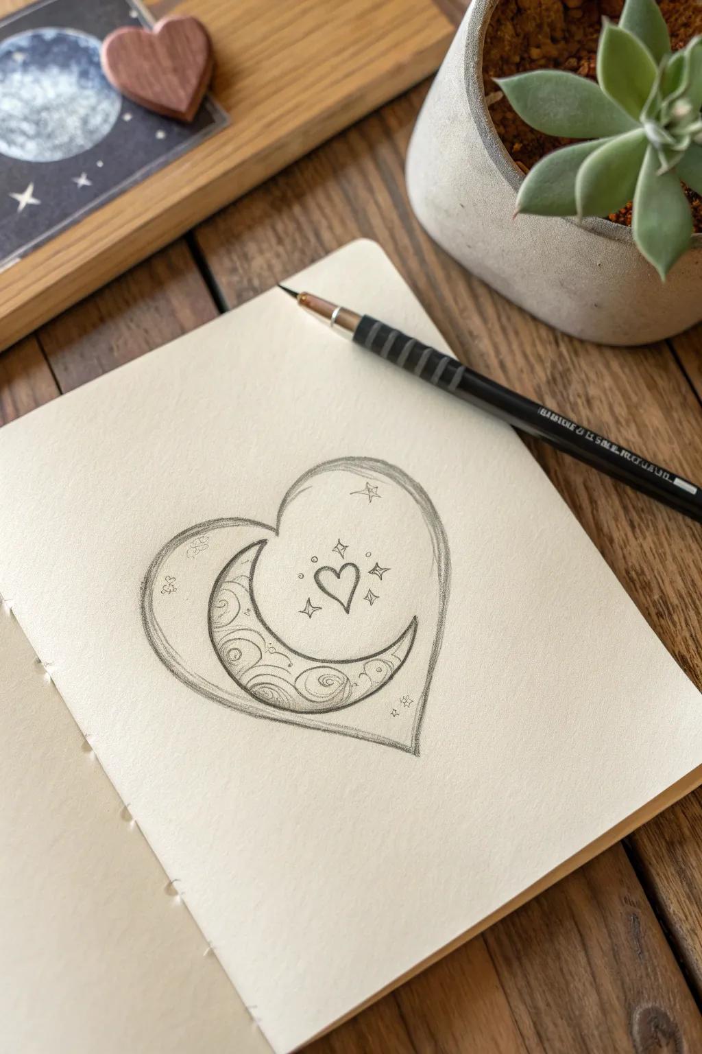 Capture the night sky's romance with a moon in a heart 🌙❤️ Simple yet profound, perfect for those who love minimalist beauty.