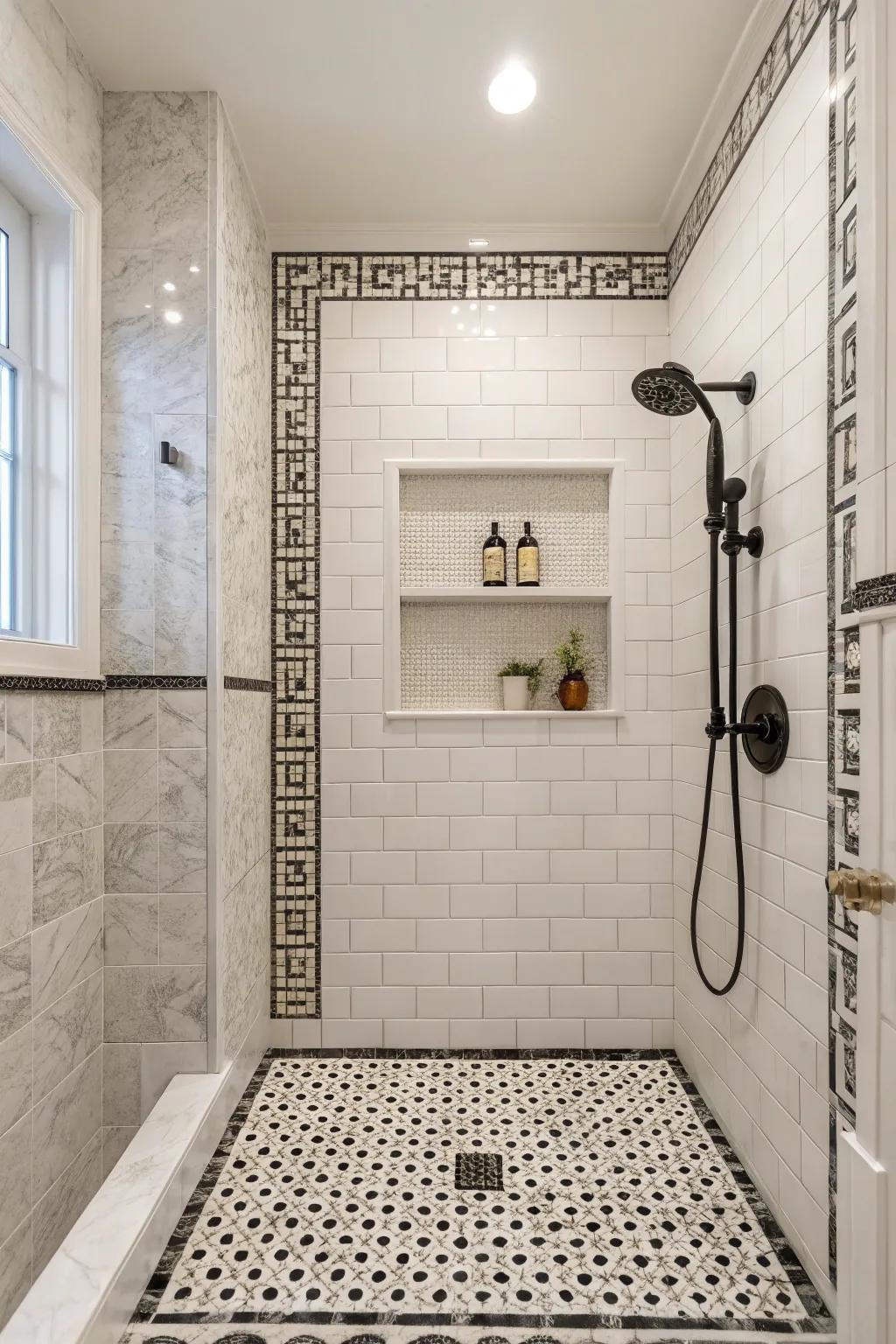 Black and white mosaics offer a timeless minimalist design.