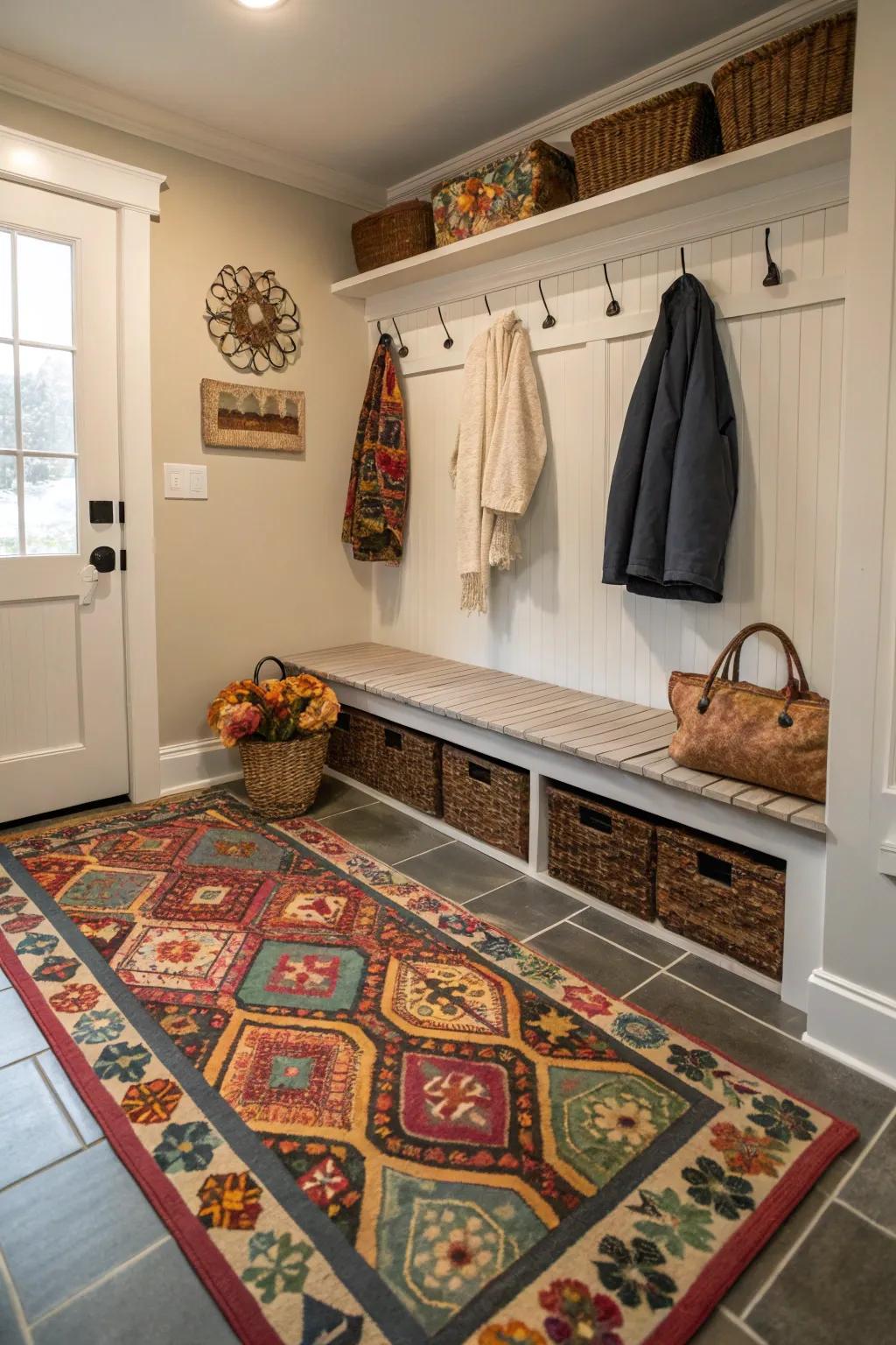 A decorative rug adds warmth and style while protecting your mudroom floor.