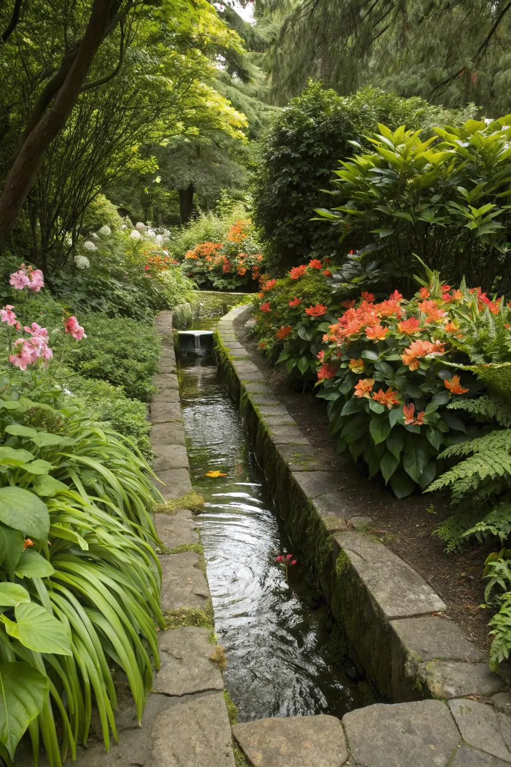 A water feature adds soothing sounds and visual interest to narrow flower beds.