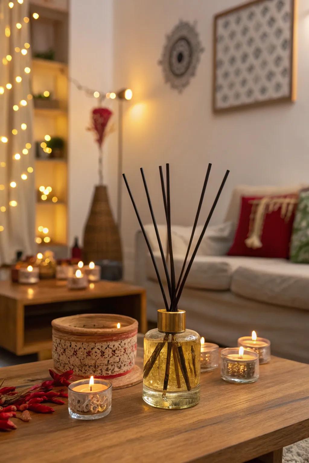 A home featuring reed diffusers providing a subtle fragrance for Navratri.