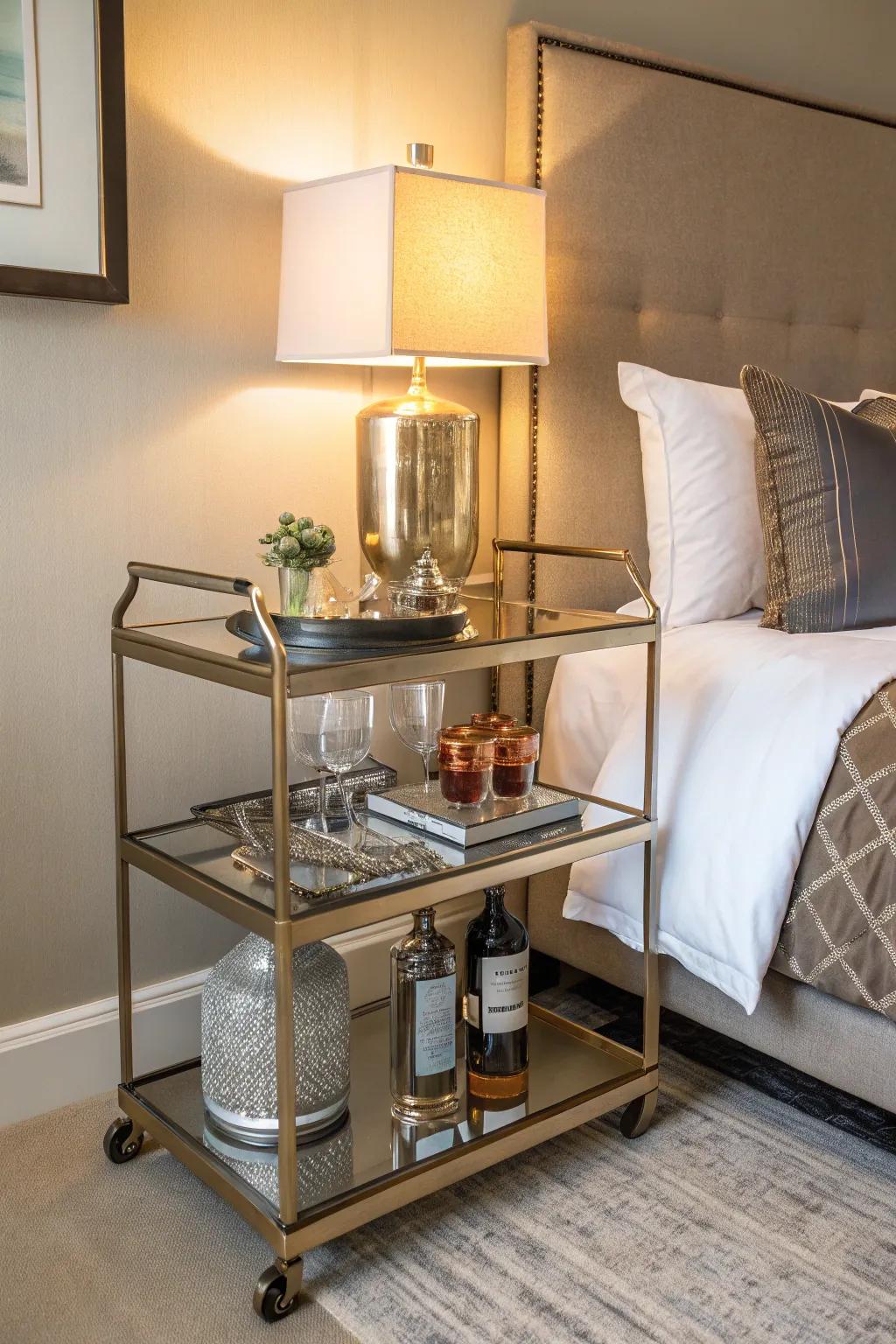 A non-traditional nightstand, such as a bar cart, adding character to the bedroom.