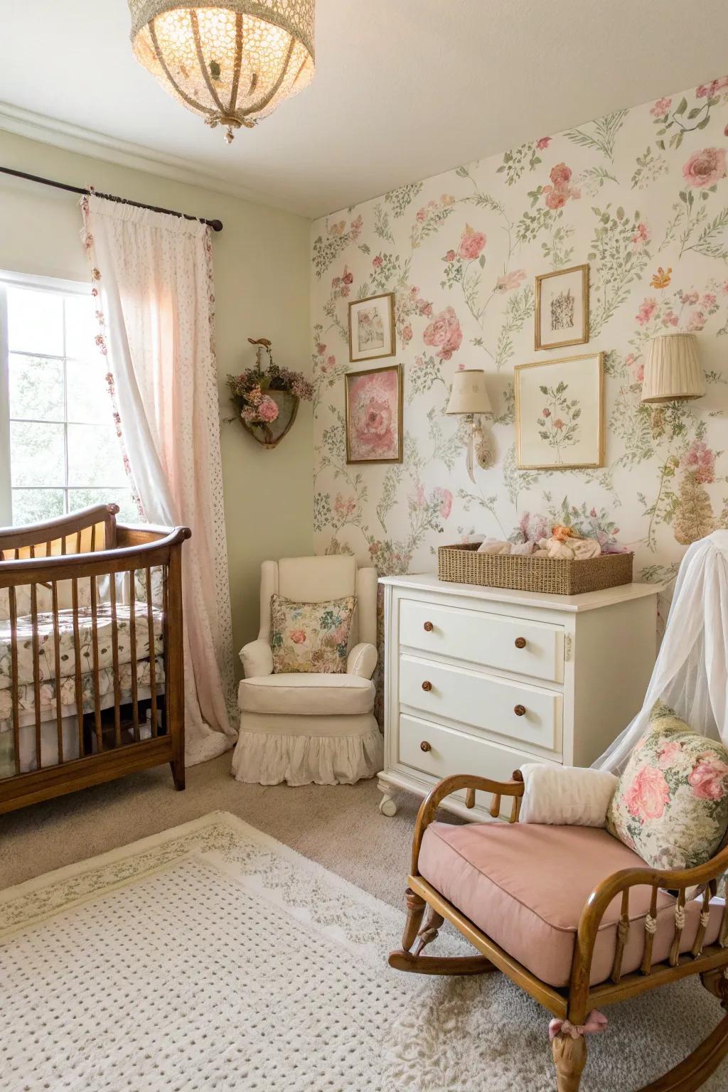 A charming nursery with a vintage floral accent wall adding nostalgic beauty.