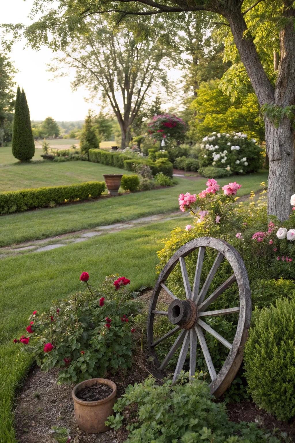 A wagon wheel lawn ornament adds character to the yard.