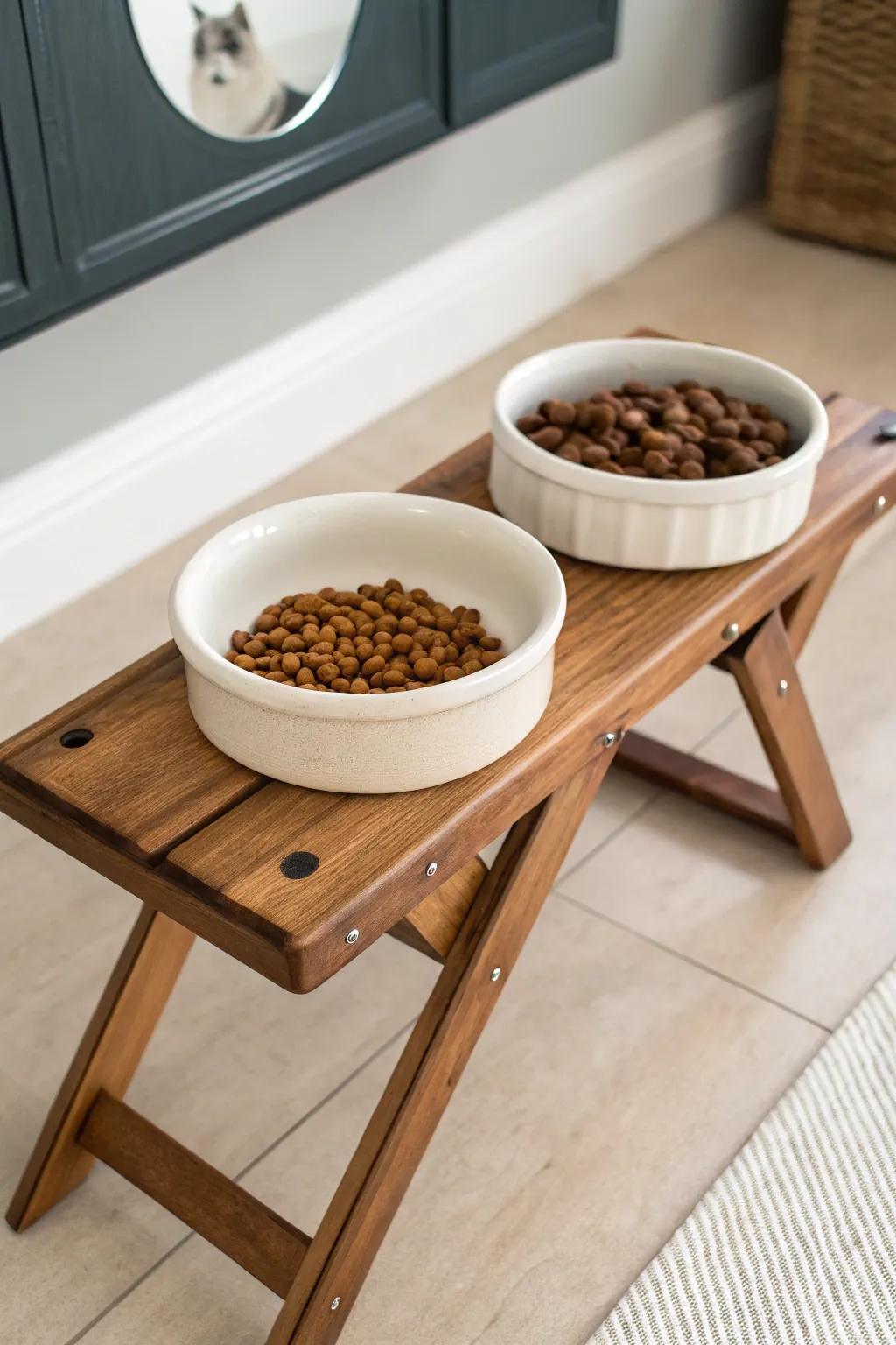 Organize your pet's feeding area with a repurposed ironing board.