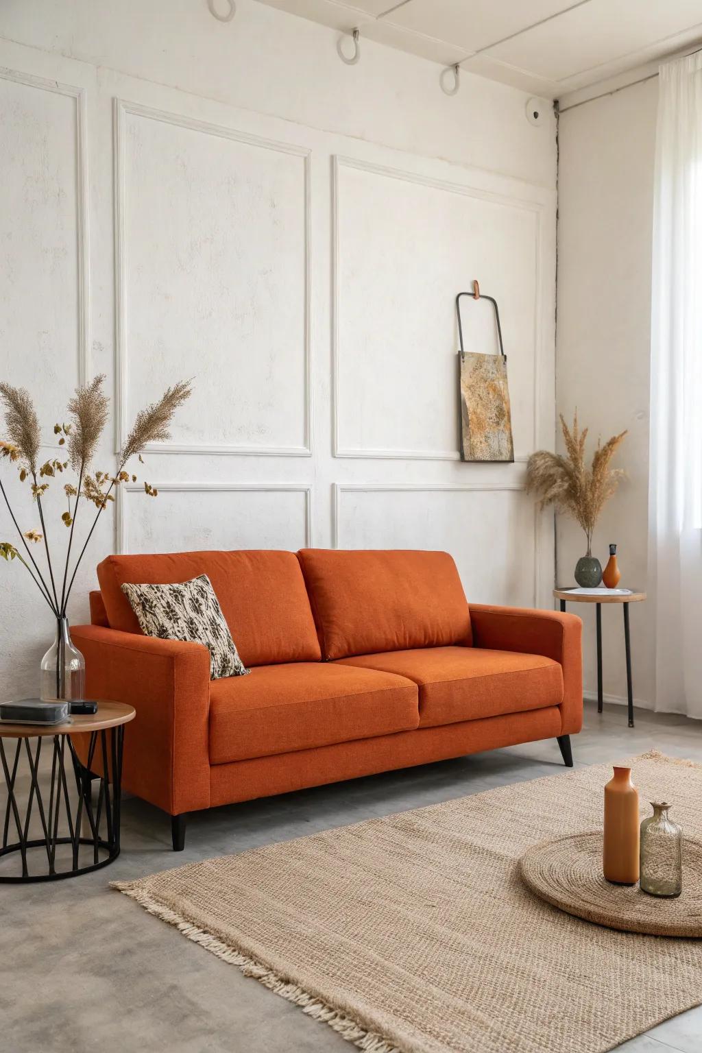 A minimalist living room where an orange couch serves as the vibrant focal point.