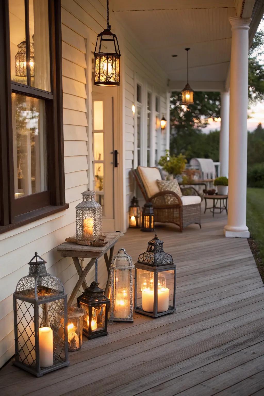 Lantern clusters provide warmth and charm, creating an inviting spot for holiday gatherings.