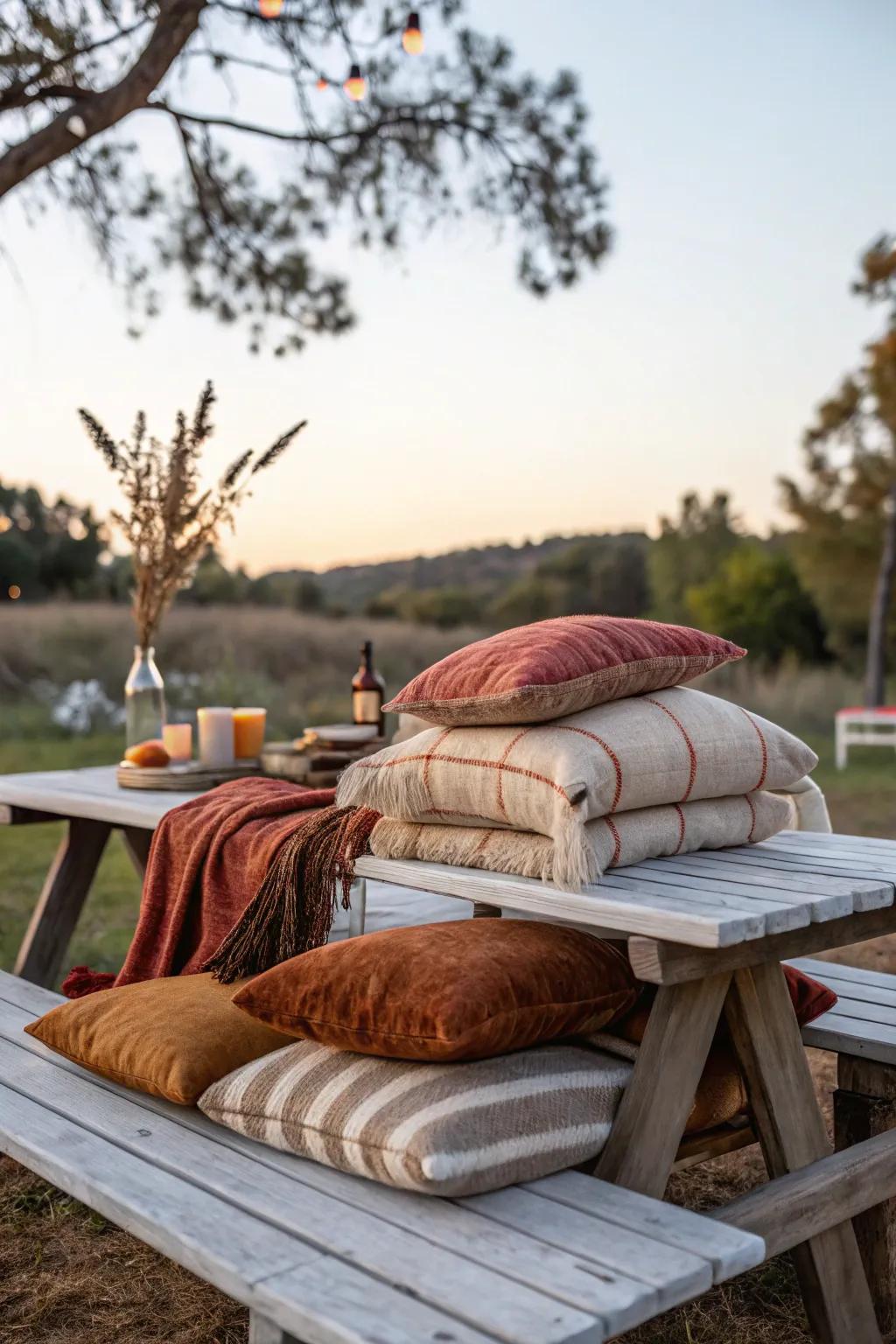 Soft textiles add comfort and style to your picnic table setting.