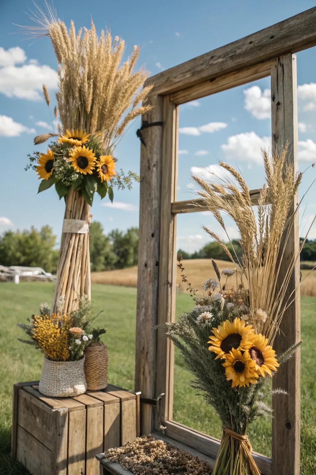 Dried flowers bring rustic charm to fall displays.