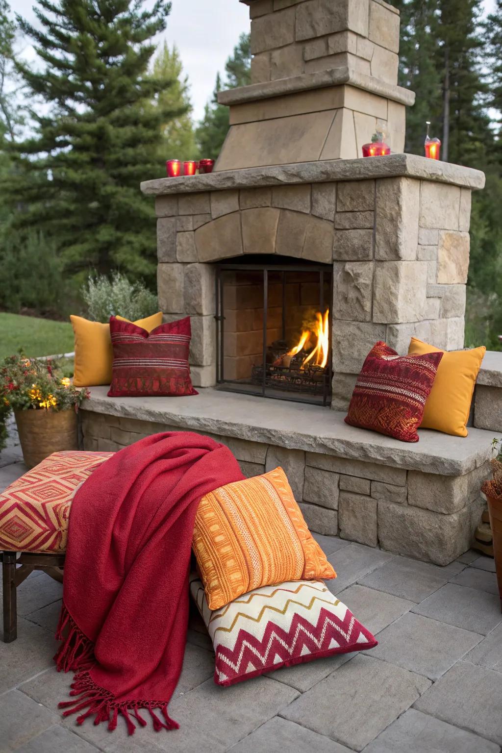 Vibrant accents adding energy to the outdoor fireplace area.