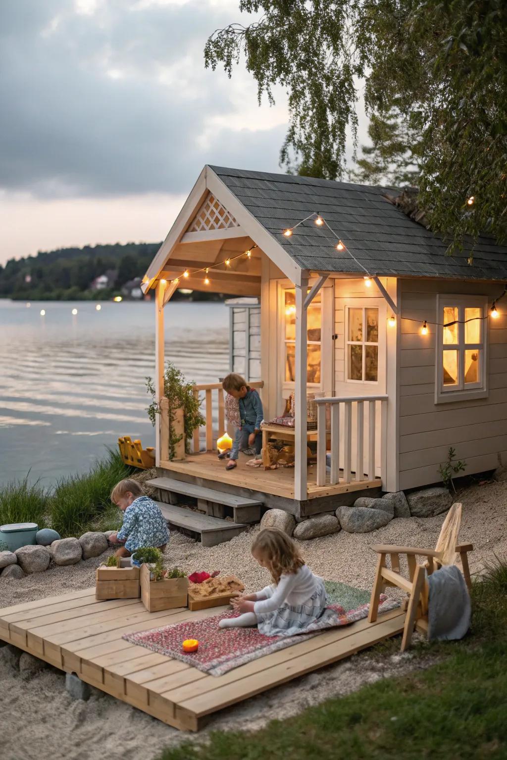 A lake cottage playhouse that offers a tranquil backyard retreat.