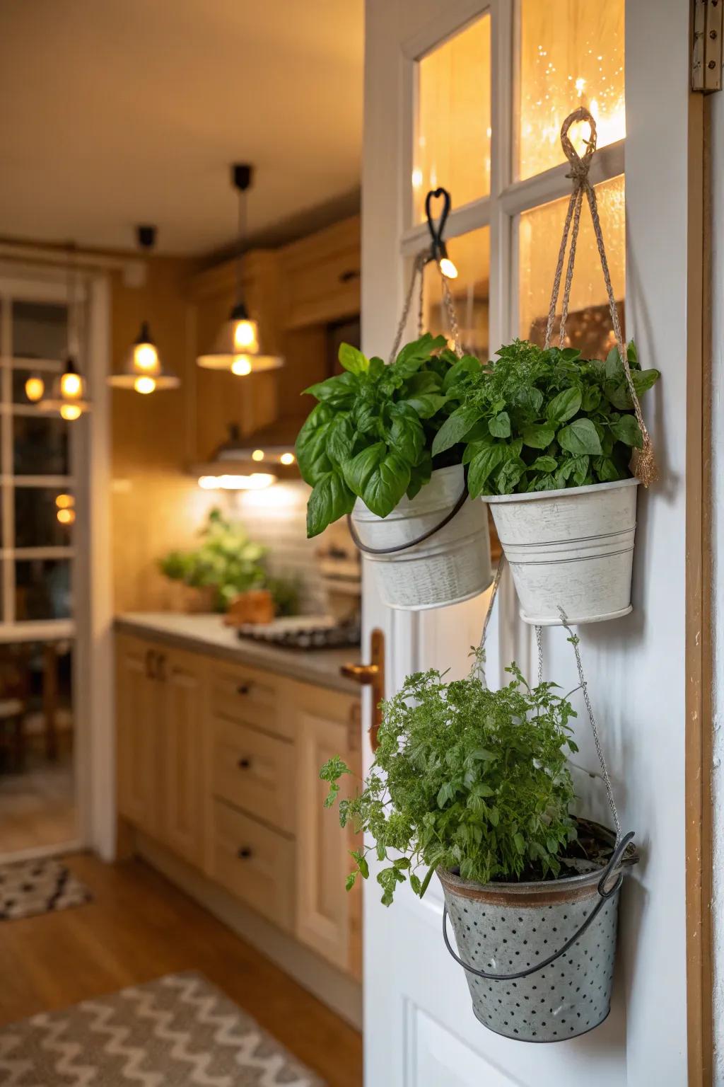 Grow fresh herbs on your kitchen door with hanging pots.