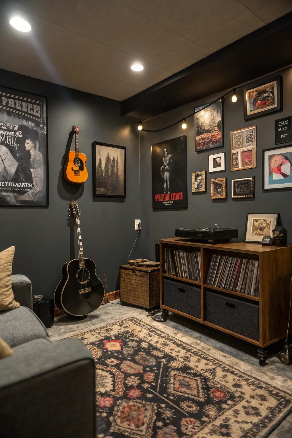 Slate gray walls add a sleek and sophisticated touch to this music room.