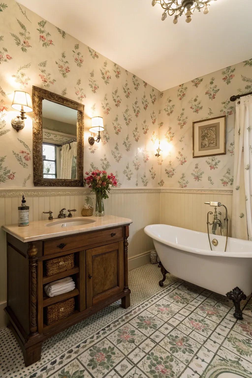 Stenciling adds a delicate and charming pattern to this bathroom.