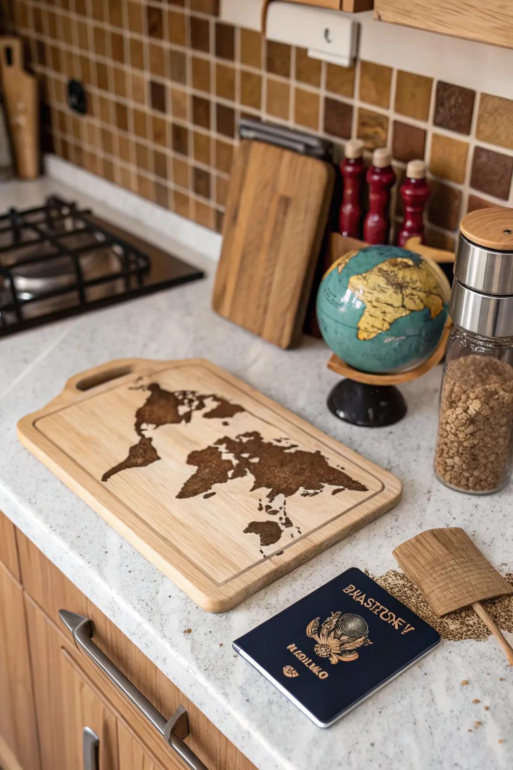 A cutting board featuring a beautifully painted world map, inspiring adventure.