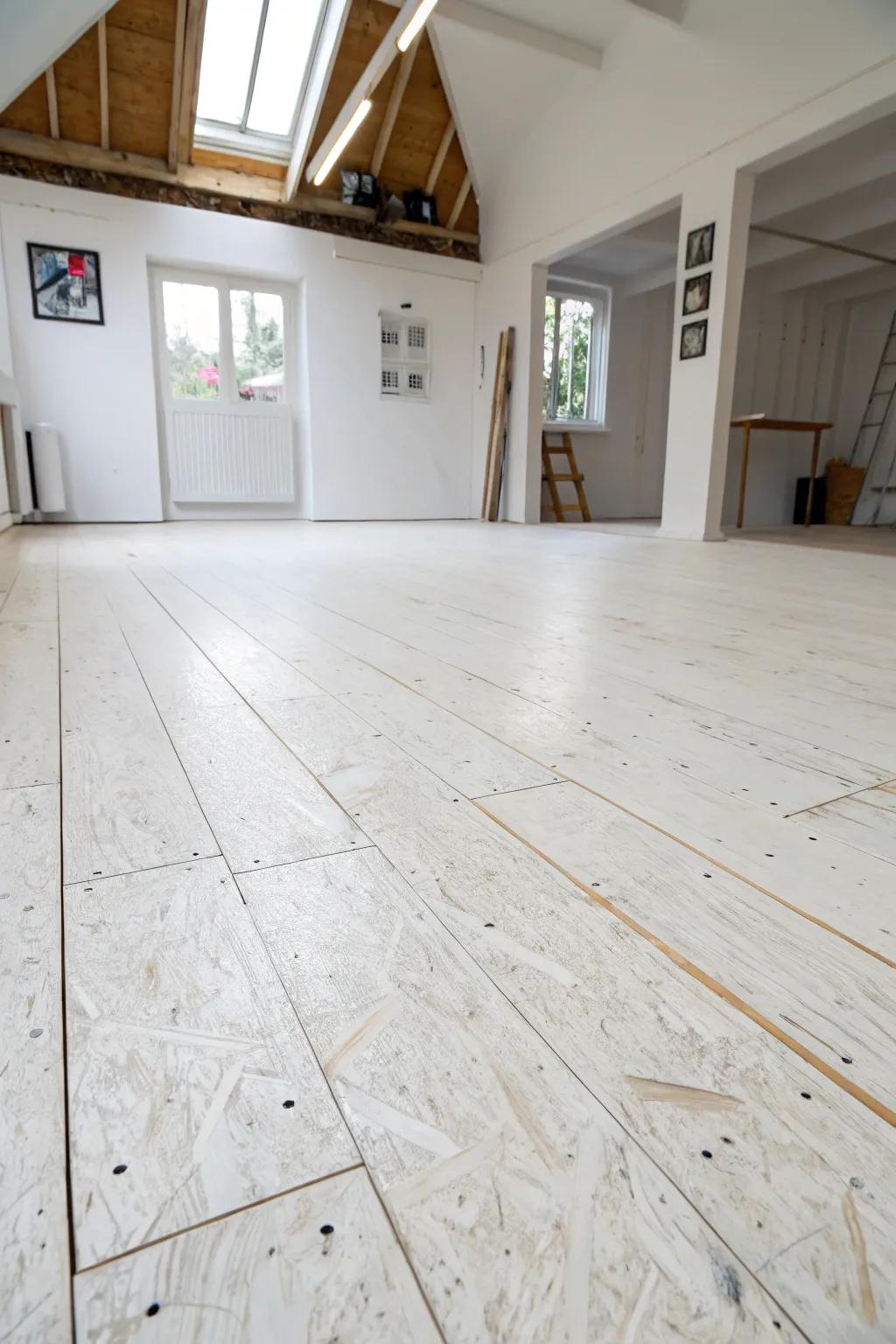 Transform your space with the elegance of a minimalist white OSB floor, where creativity meets craftsmanship.