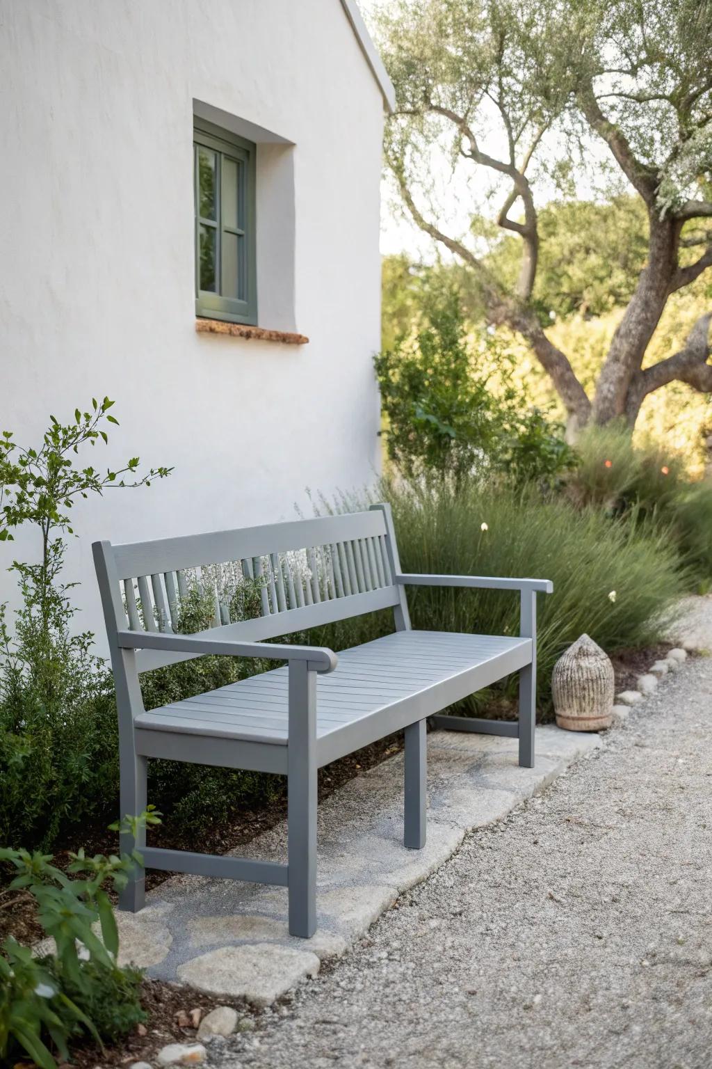 Embrace simplicity with a sleek monochrome bench that transforms your outdoor space into a serene retreat.