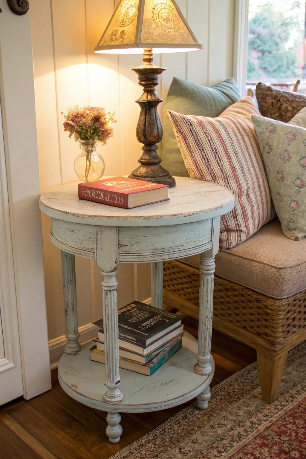 A side table with a charming milk paint finish.