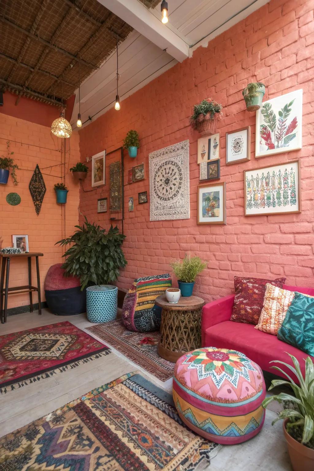 Coral painted brick walls adding energy to the creative space.