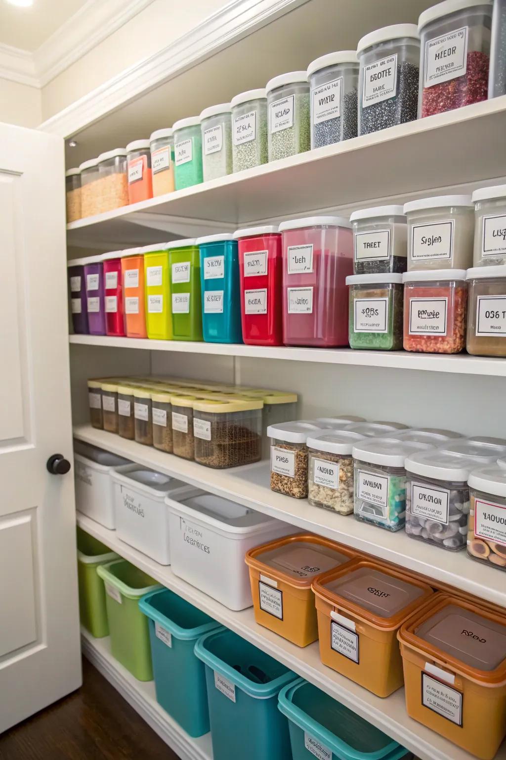 Color-coded labels and containers add a playful touch to pantry organization.