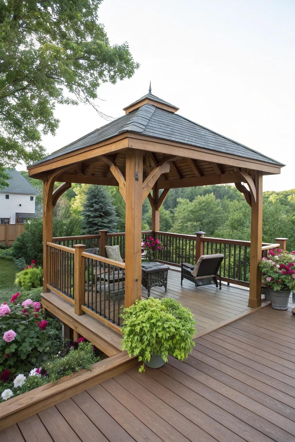 A charming deck with a wooden gazebo, perfect for enjoying the outdoors in any season.