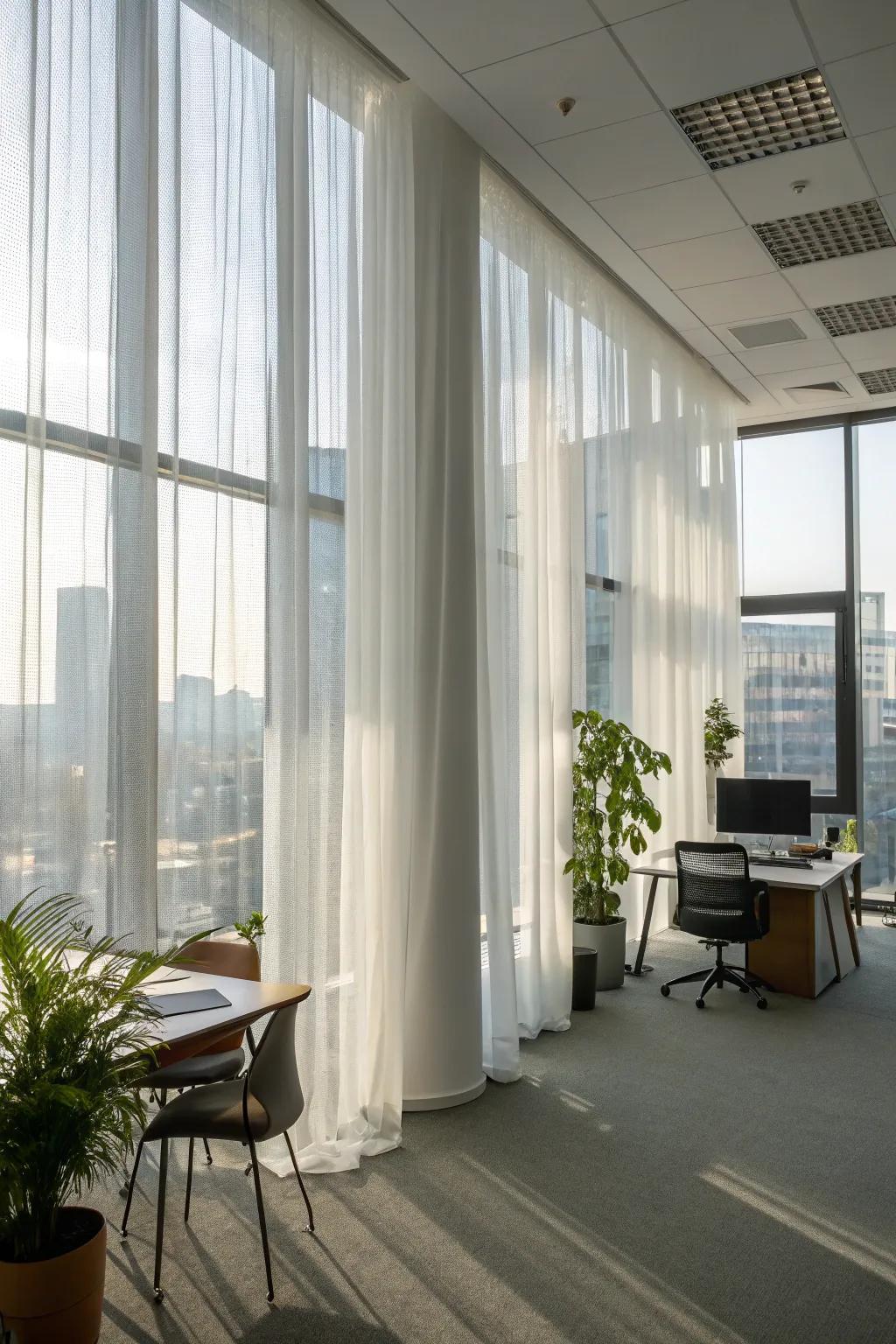 Sheer curtains allow natural light to brighten your office.