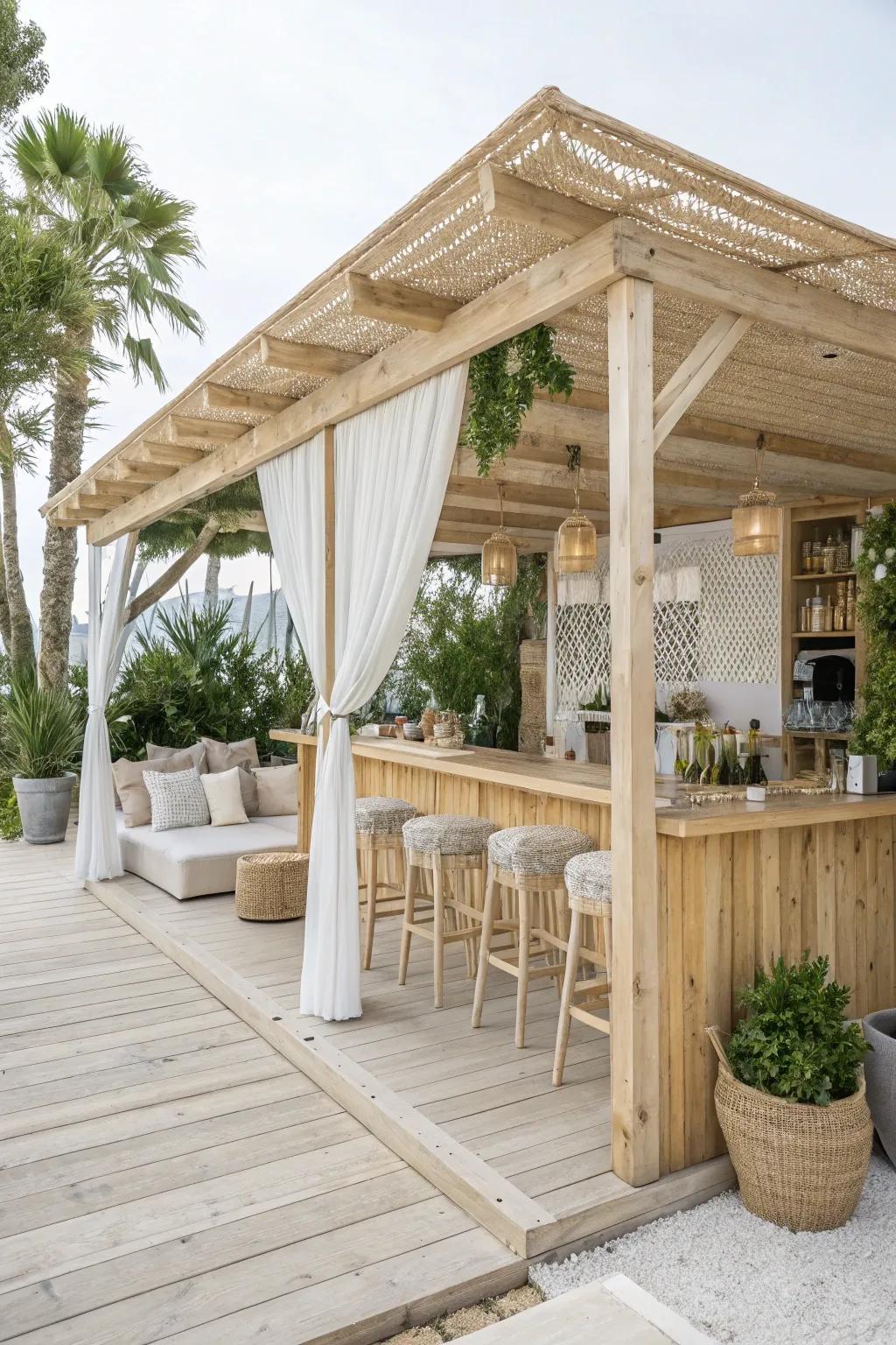 A Scandinavian-inspired pergola bar, simple yet inviting.