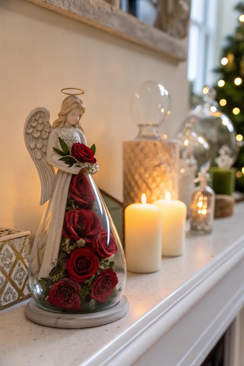 A glass angel with preserved roses offers a lasting symbol of beauty and care.