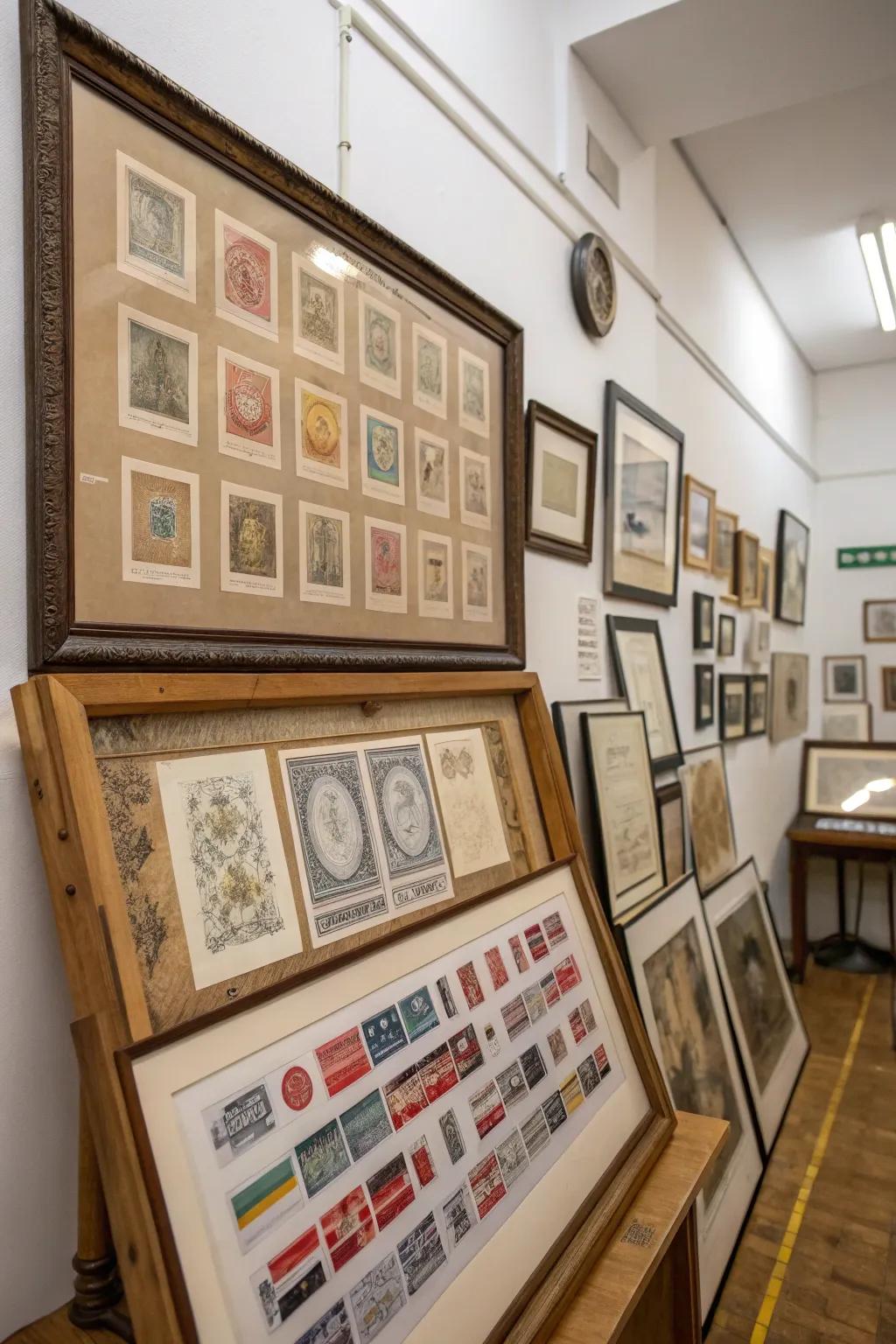 A studio showcasing framed currency and stamps for a global touch.