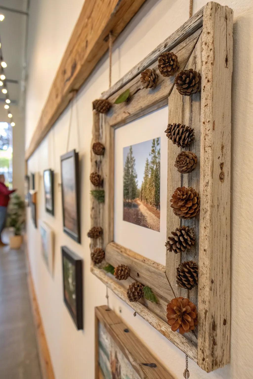 Add rustic charm to your photos with pine cone frames.