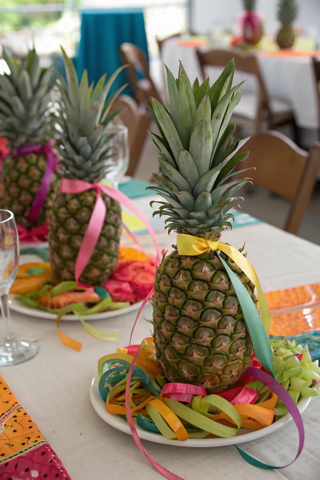 Pineapple and ribbon decor adds a festive and cheerful touch.