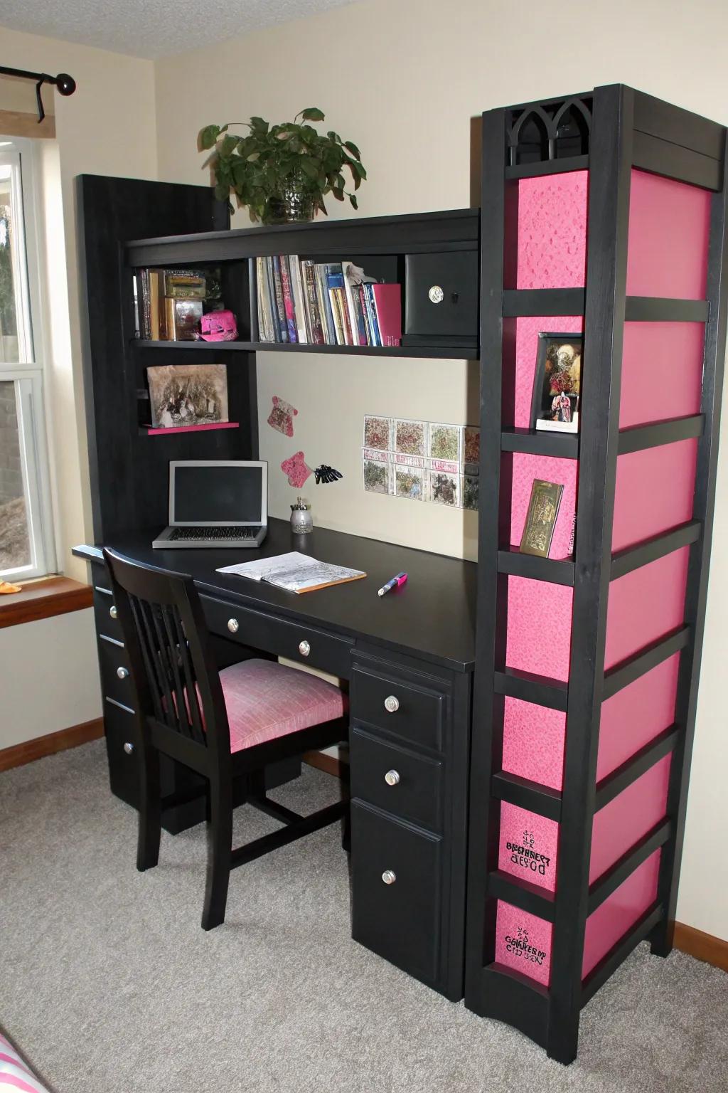 Custom black furniture with playful pink accents.