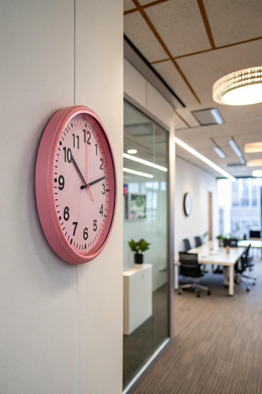 A pink wall clock combines utility with a decorative flair.