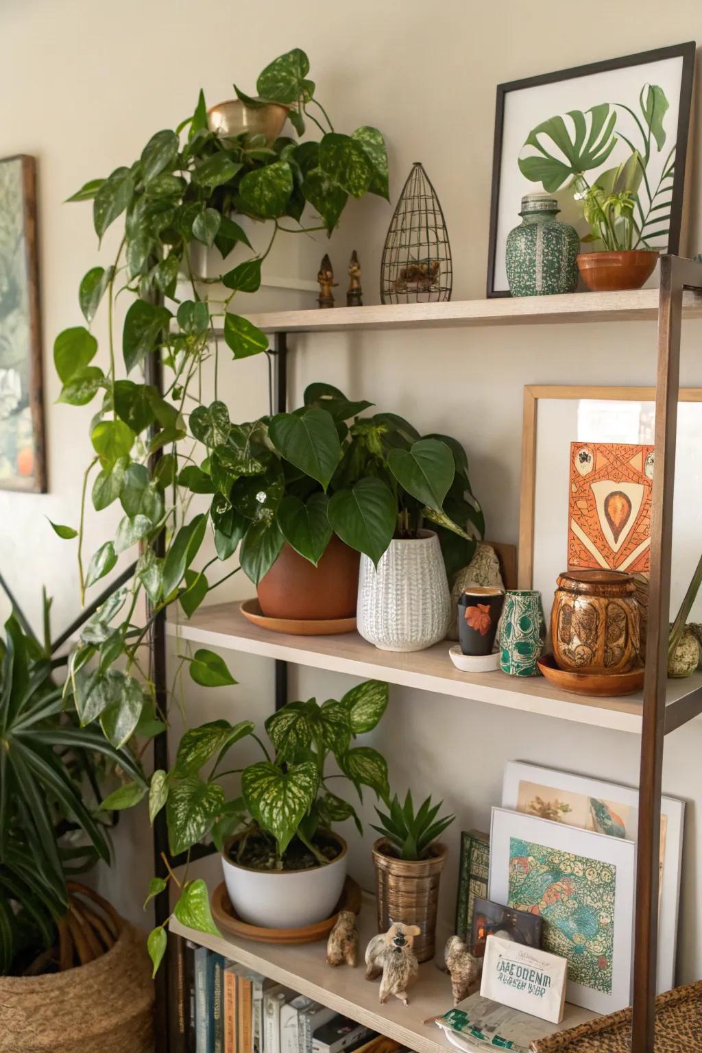 Art and decor items enhance the plant shelf for a curated look.