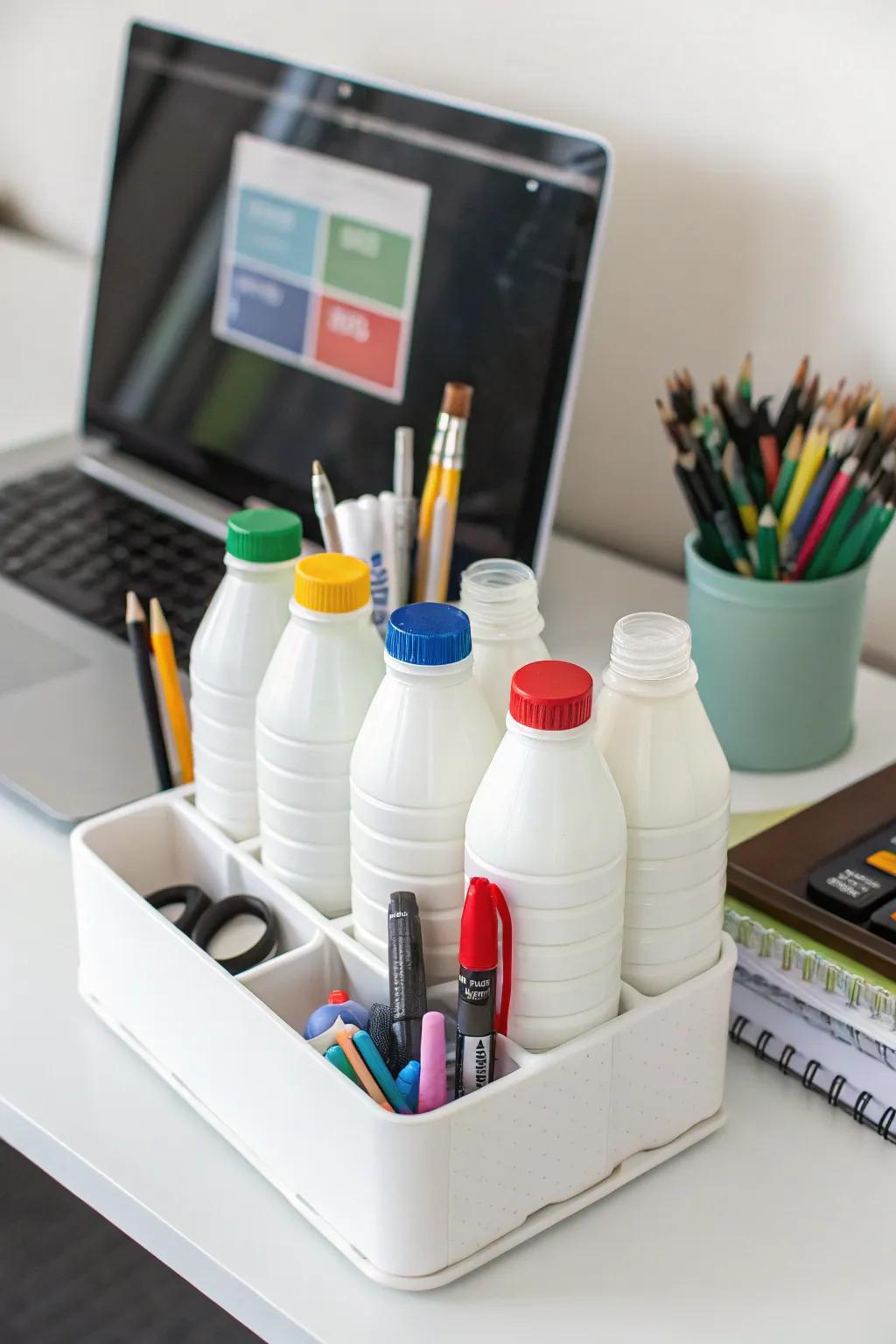 Organize your workspace with a DIY desk organizer crafted from milk bottles.