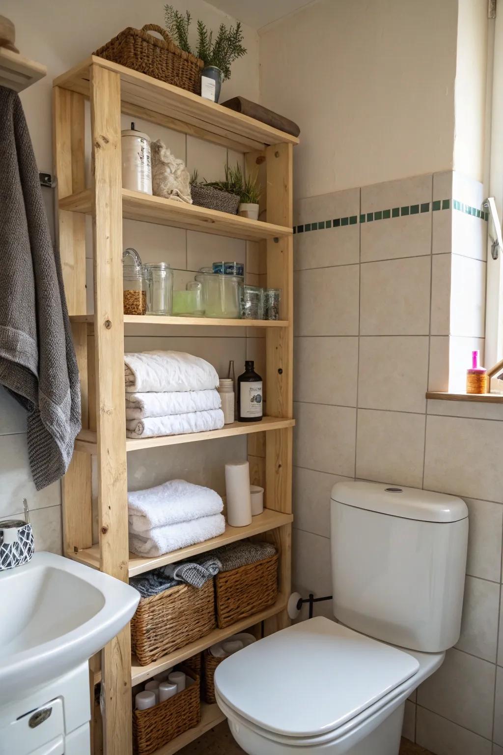 Bathroom shelves keep essentials organized and stylish.