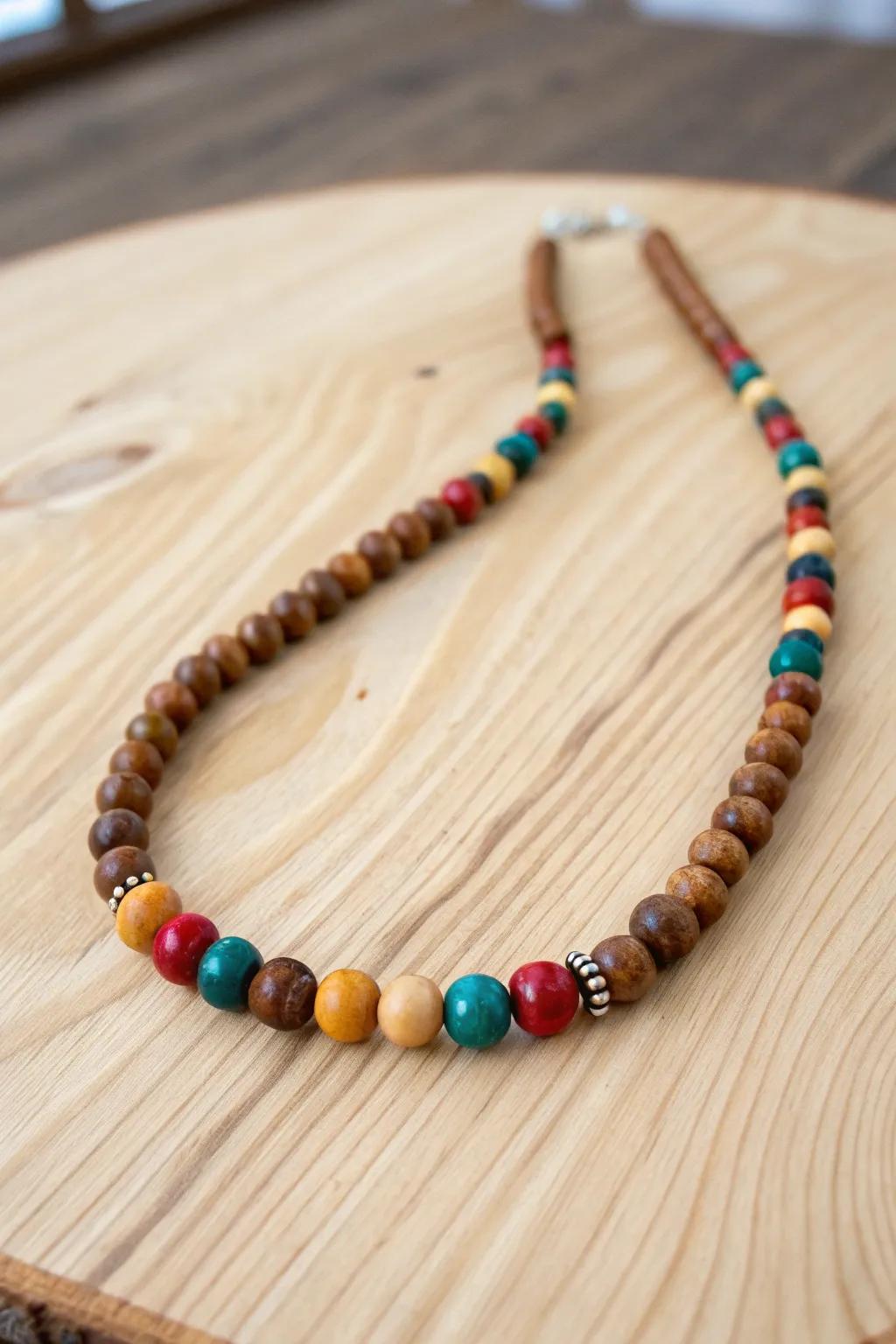 Embrace the art of mixing materials with this stunning pony bead and wood necklace, where rustic charm meets modern elegance.