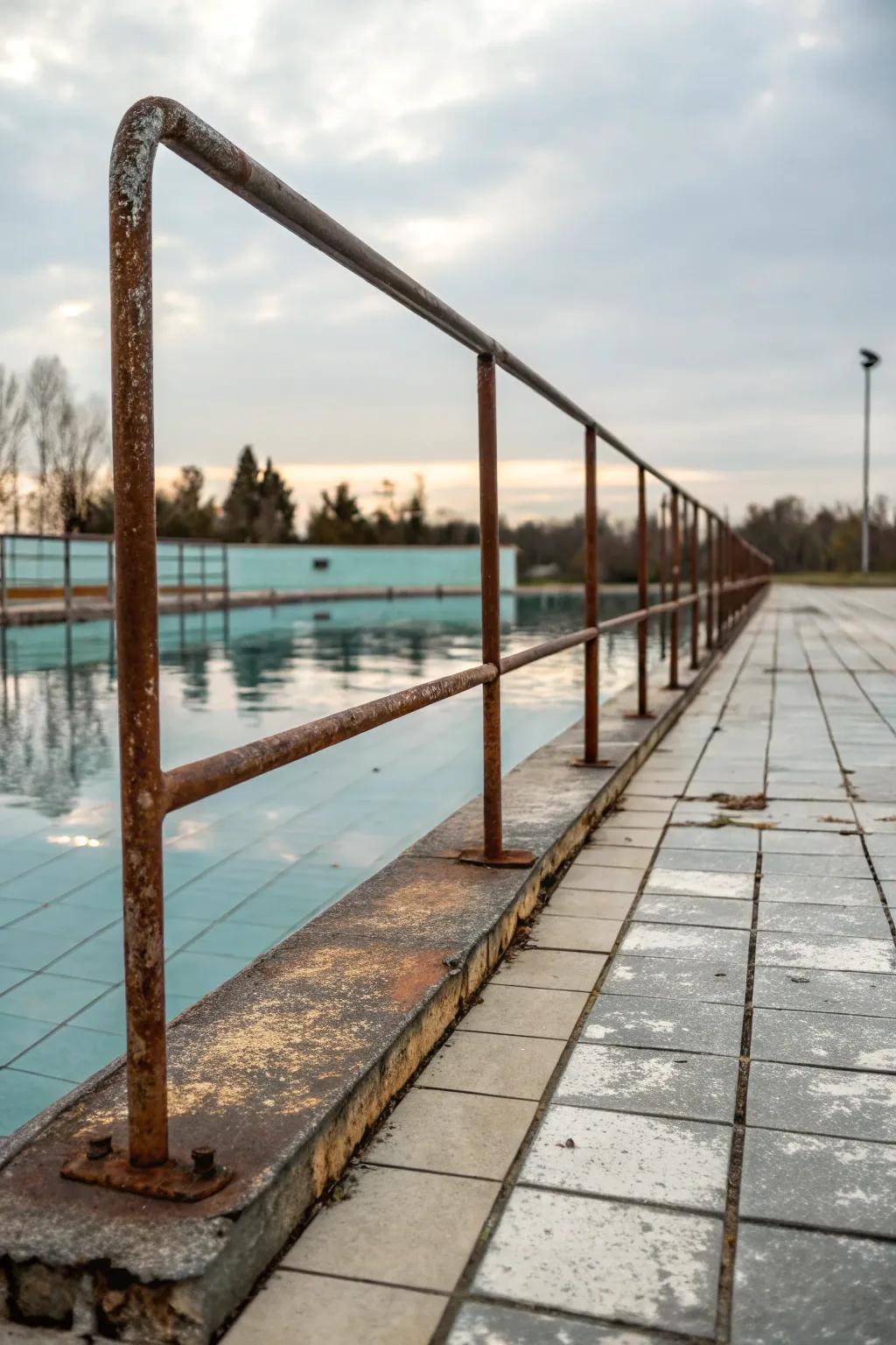 Weathered steel railings add industrial character to your pool deck.