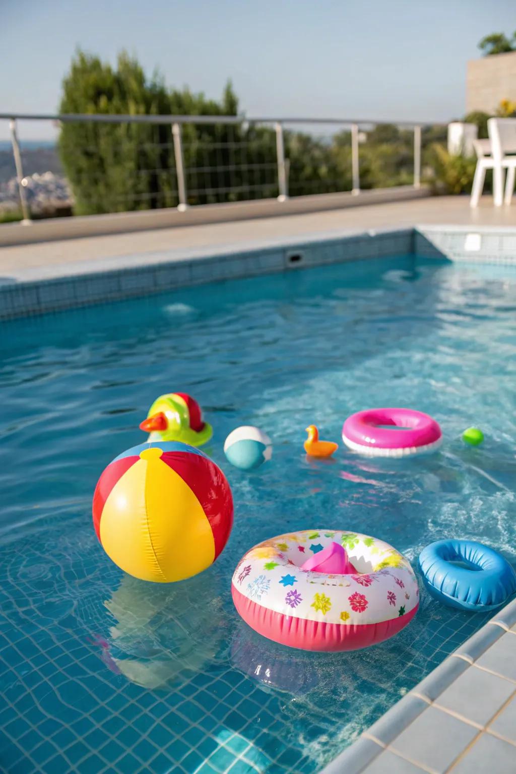 Floating pool toys add fun and color to the pool.