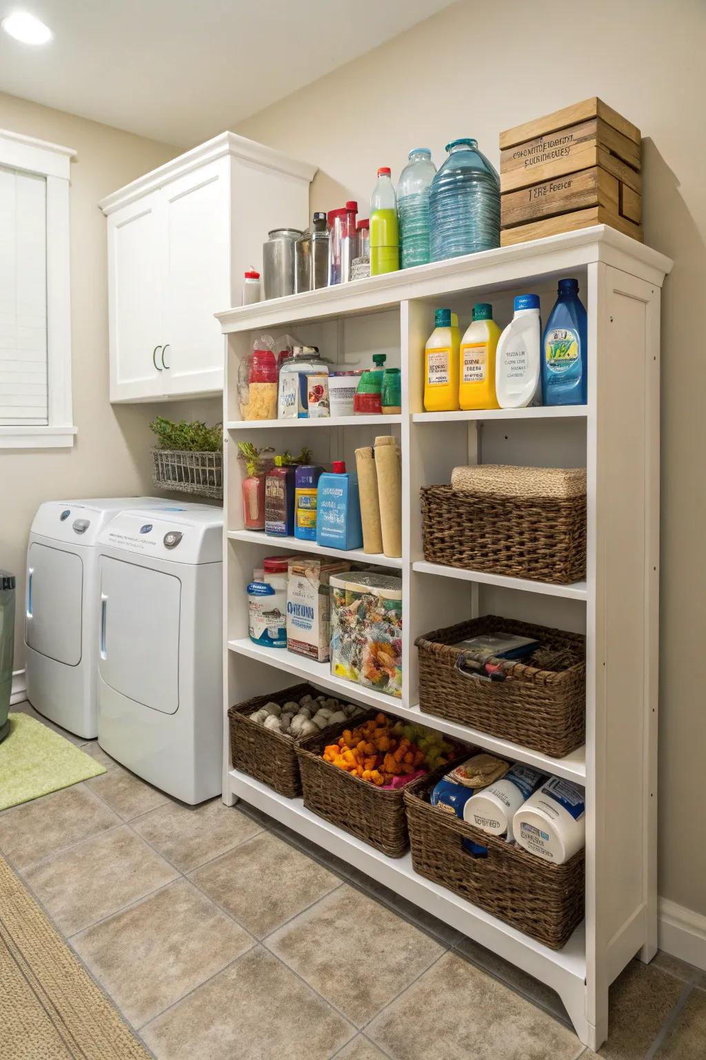 Repurposed bookshelves offer budget-friendly storage.