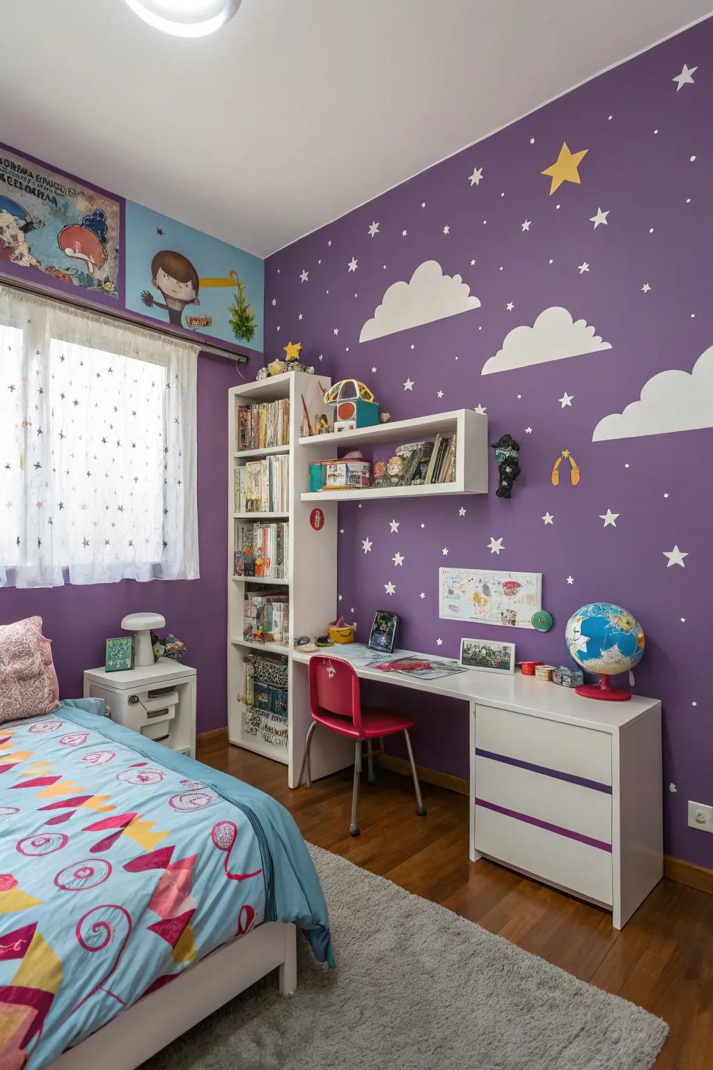 A purple wall mural adds a sense of wonder.