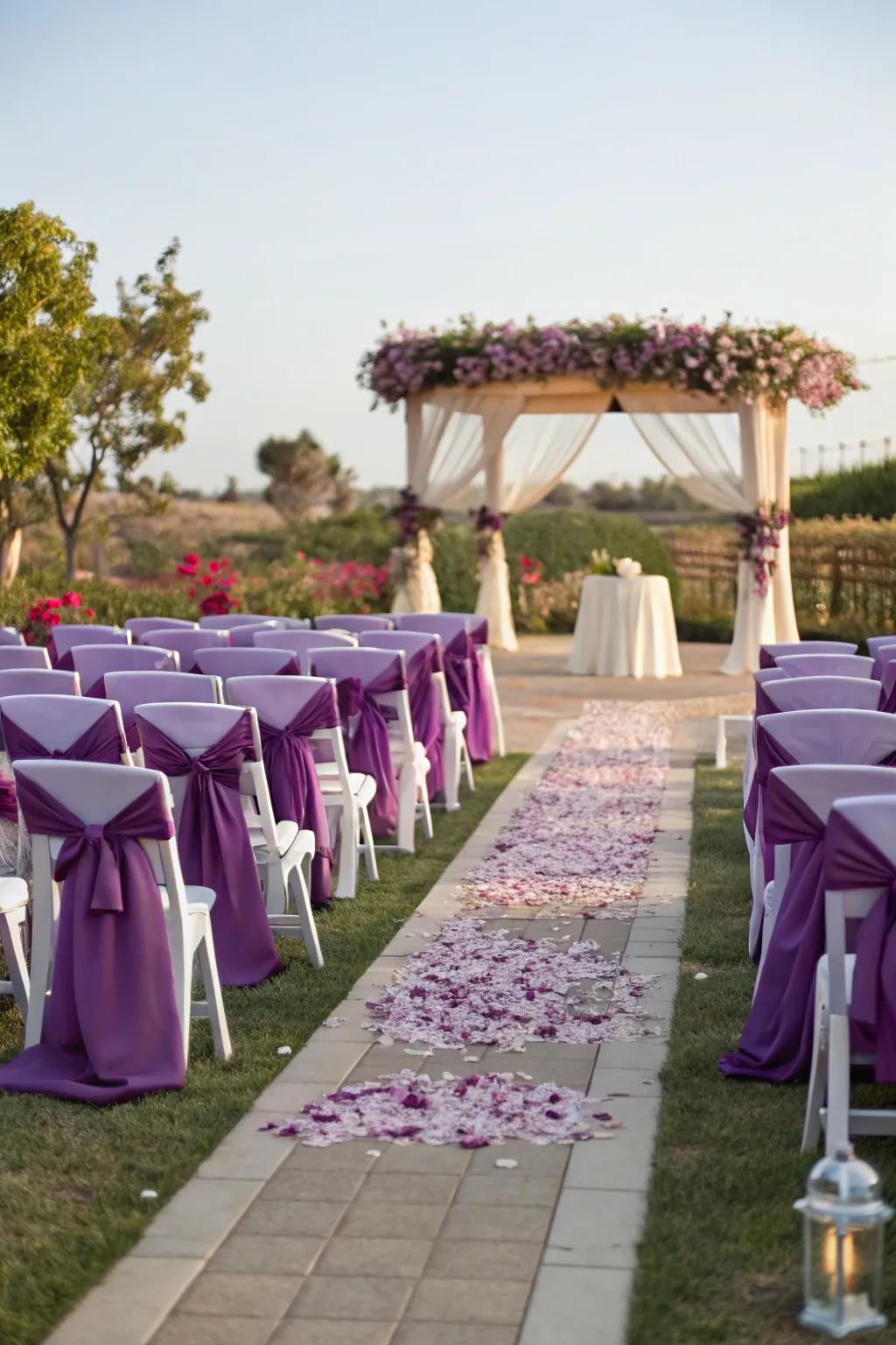 Ceremony chairs elegantly draped in purple.